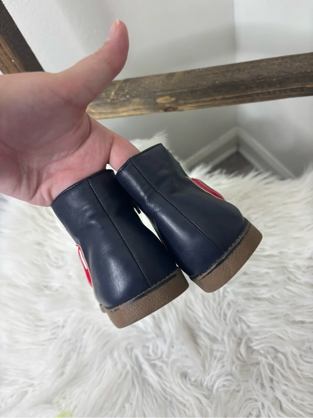 Gymboree Navy Leather Kids Ankle Boots with Red Apple Accent Size 3